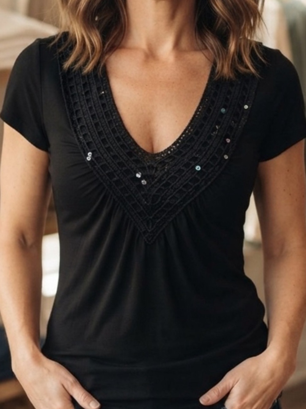 Sequin Trimmed Black V-Neck Short Sleeve Blouse